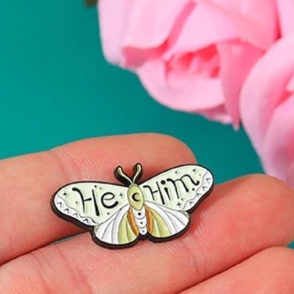 HE/HIM Pronoun Butterfly Enamel Pin Male Pronouns Lanyard Badge Queer Inclusive - Picture 4 of 10